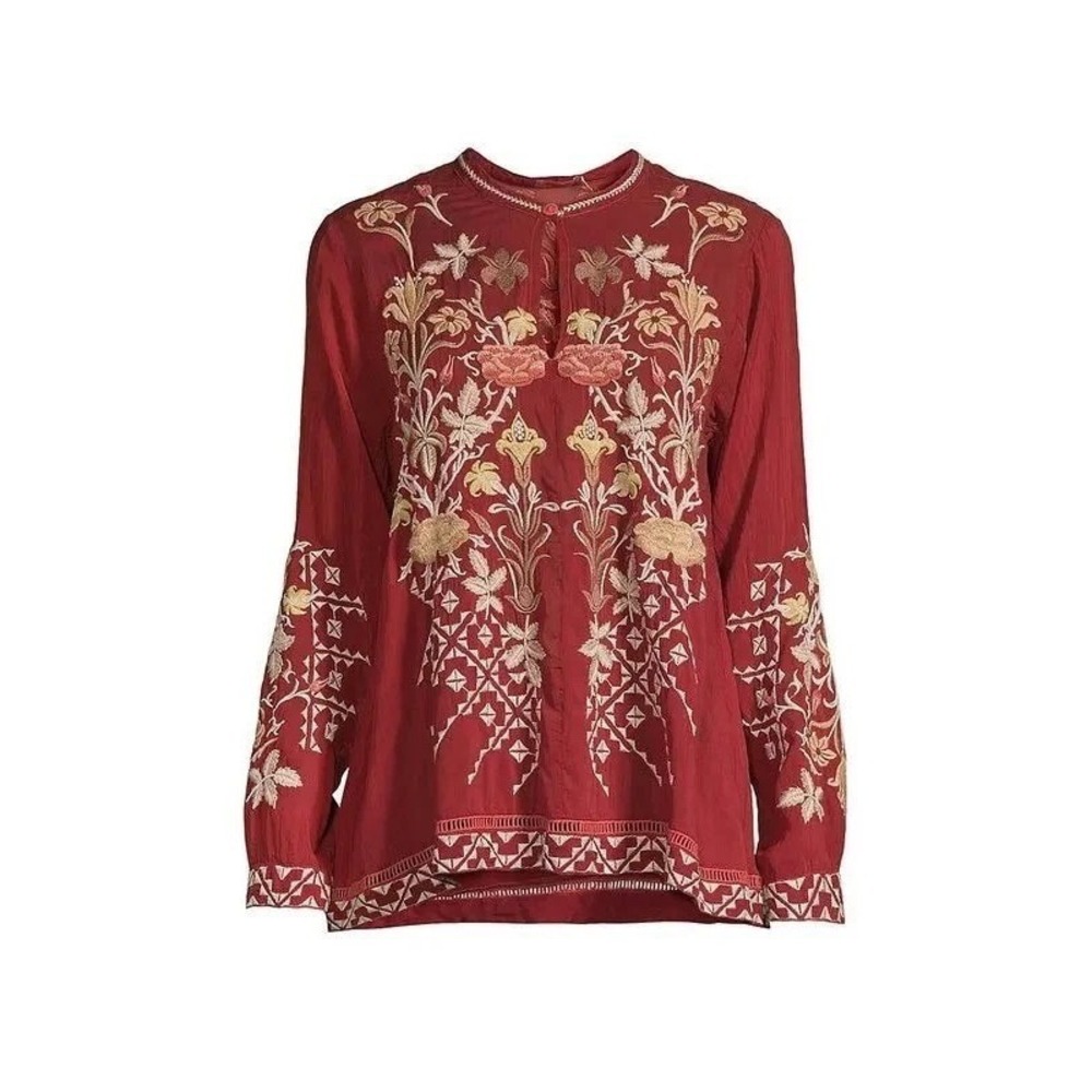 Johnny Was Wine Red Floral Embroidered V-Neck Blouse - Picture 3 of 13
